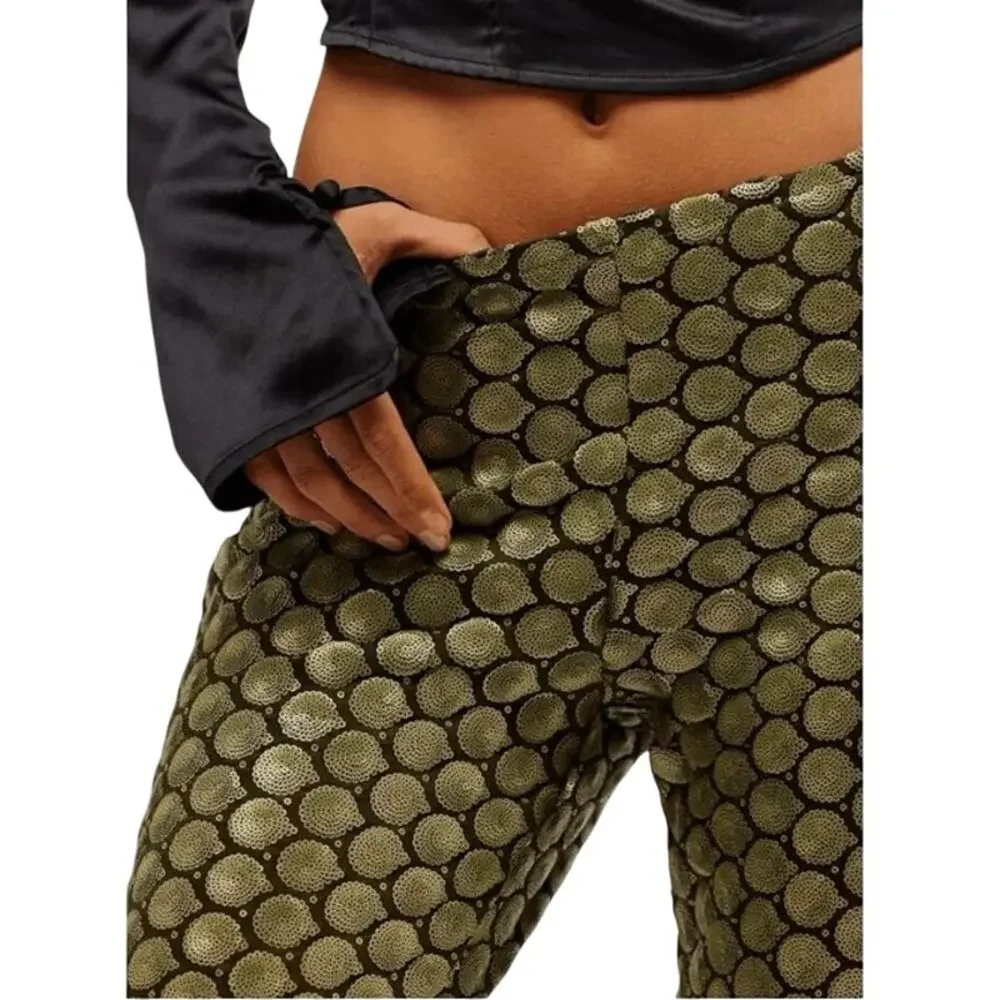 FREE PEOPLE Wilder Days Sequined Flared Pants in Olive Size 10 New MSRP $198
